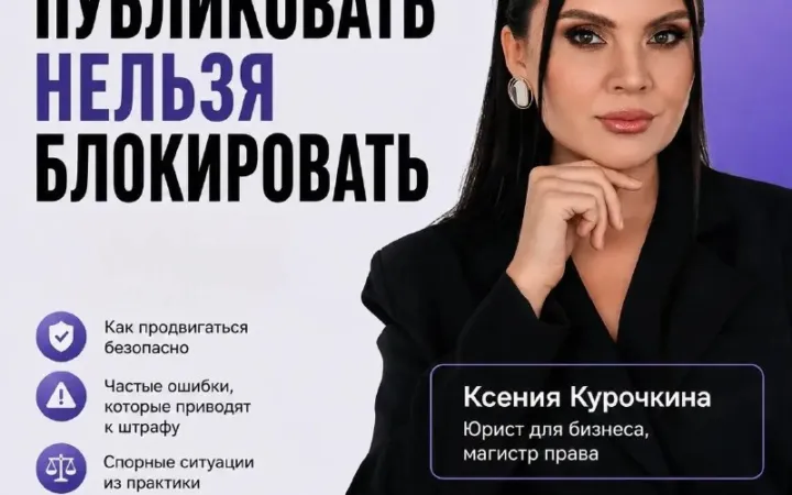 Афиша вебинара «Публиковать нельзя блокировать» (реклама по закону), 29 мая 14:00; студийный портрет Ксении